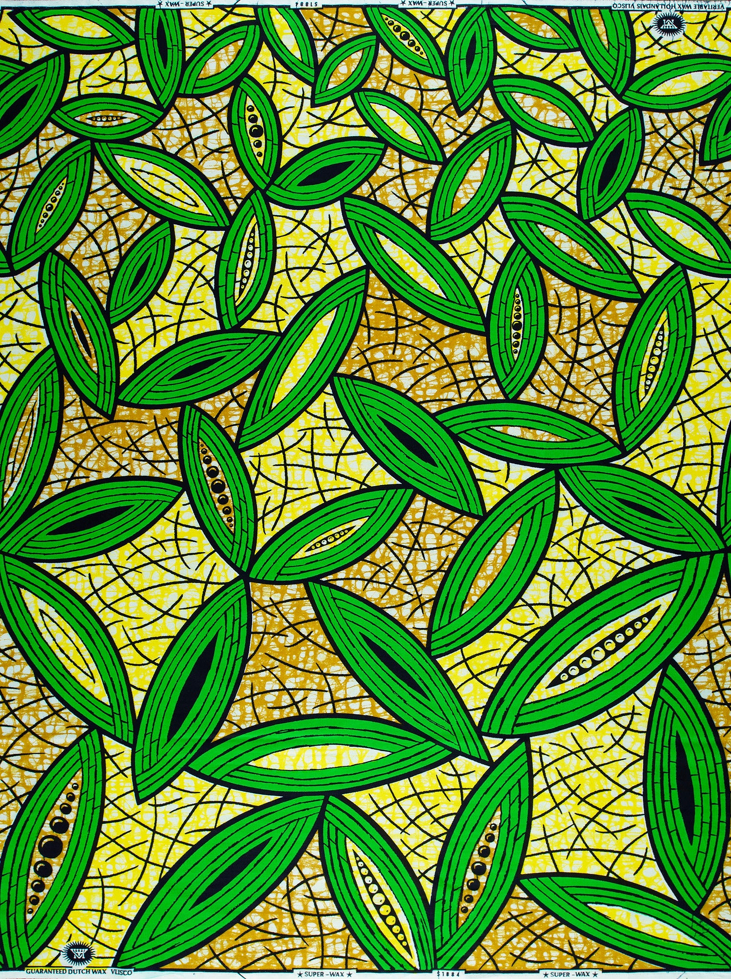 Vibrant green leaf-patterned fabric bold super-wax vls1884.004