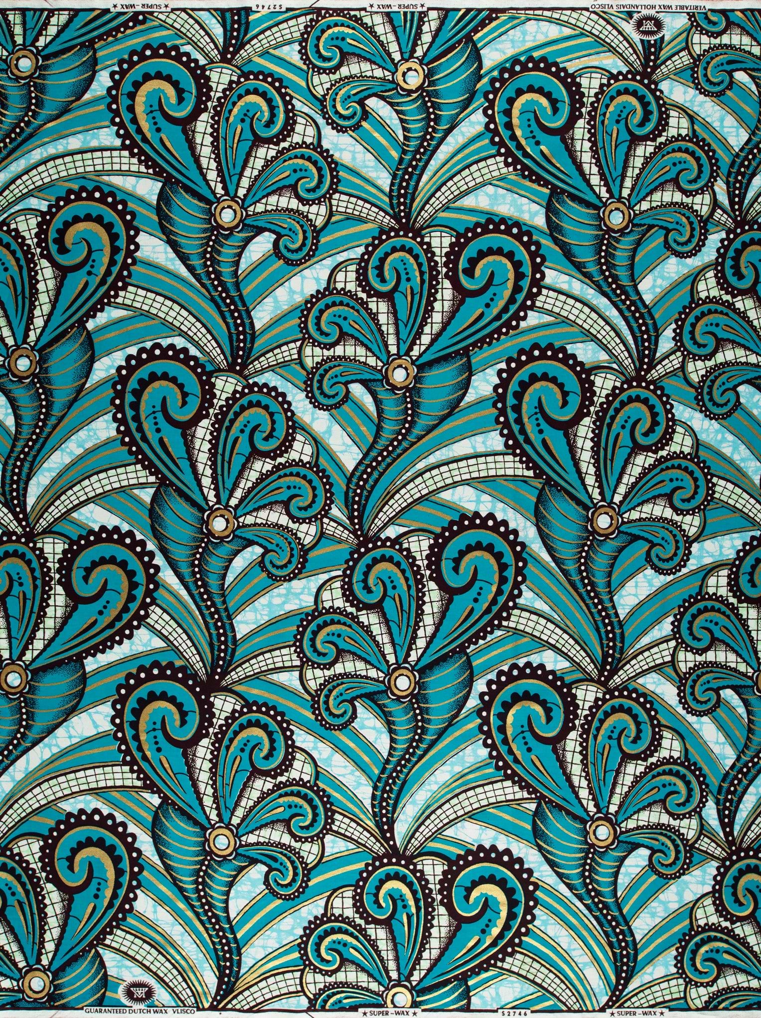 Vibrant teal black paisley-patterned fabric super-wax vls2746.009