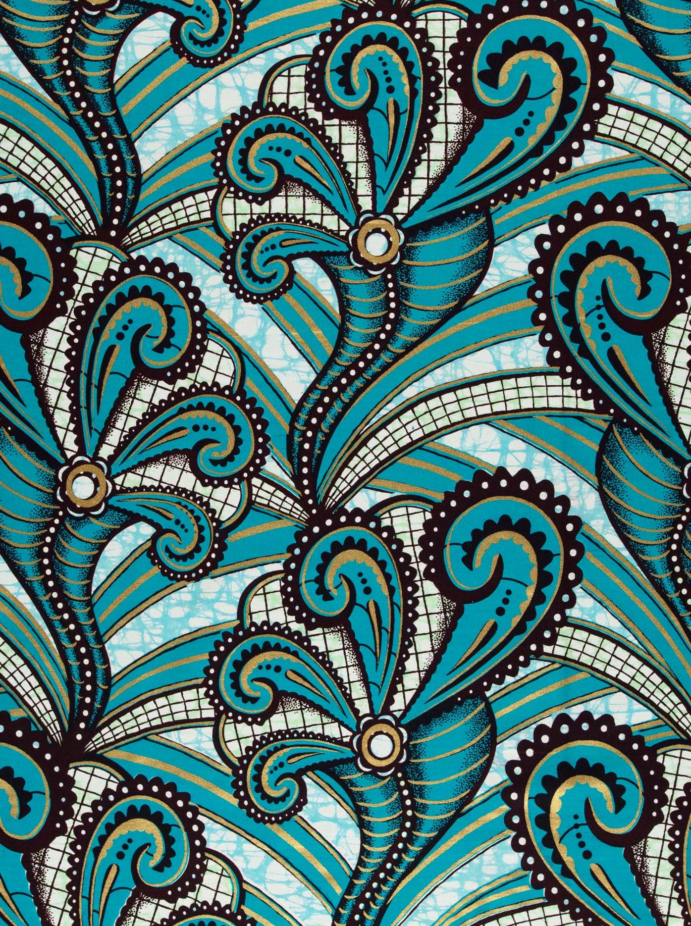 Vibrant turquoise black paisley-patterned fabric super-wax vls2746.009