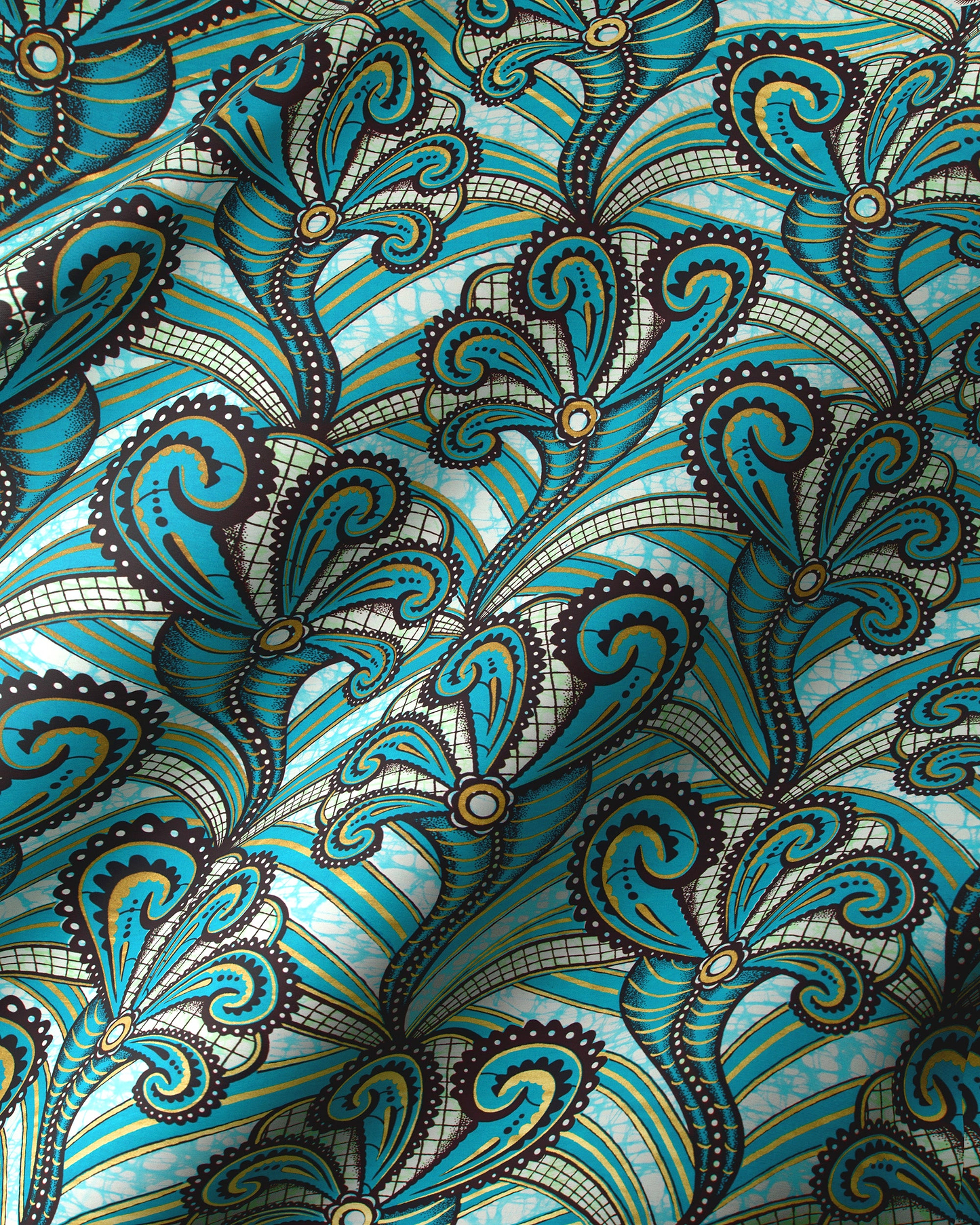 Vibrant turquoise black paisley-patterned fabric super-wax vls2746.009