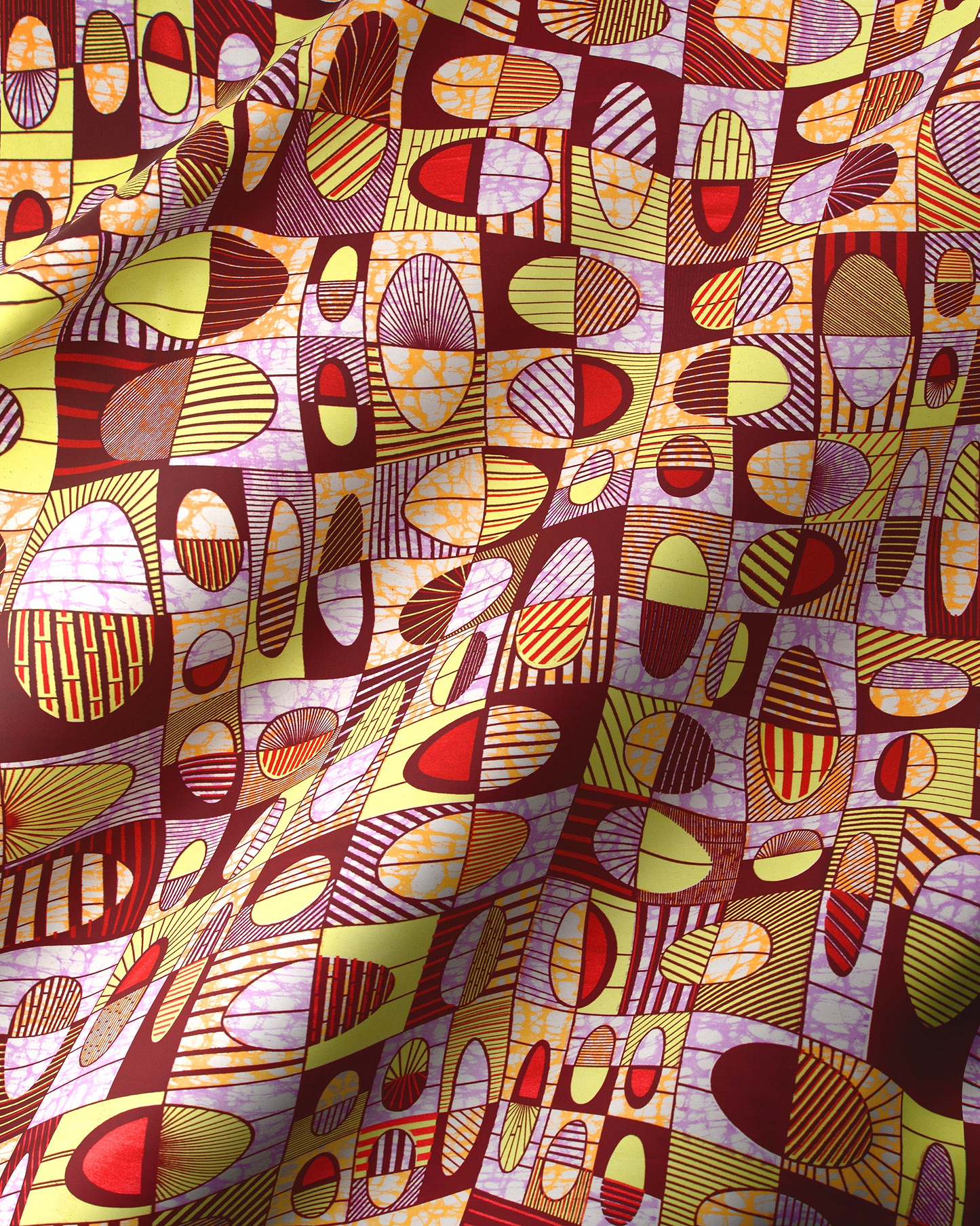 Vibrant abstract-patterned fabric bold reds super-wax vls2764.007