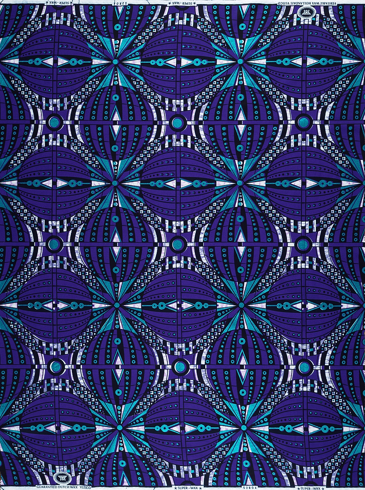 Purple and teal patterned fabric showcasing a bubble effect in expressive design for Super-Wax