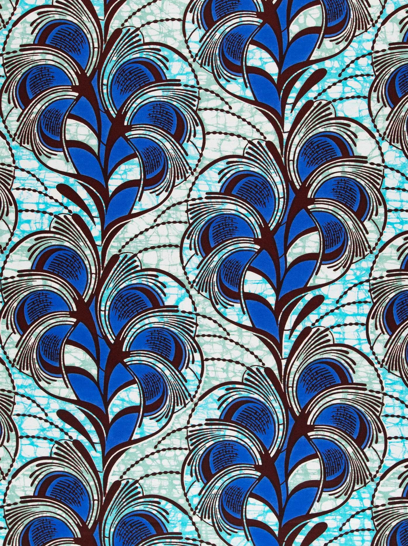 Vibrant blue black feather-patterned african super-wax vls3520.001