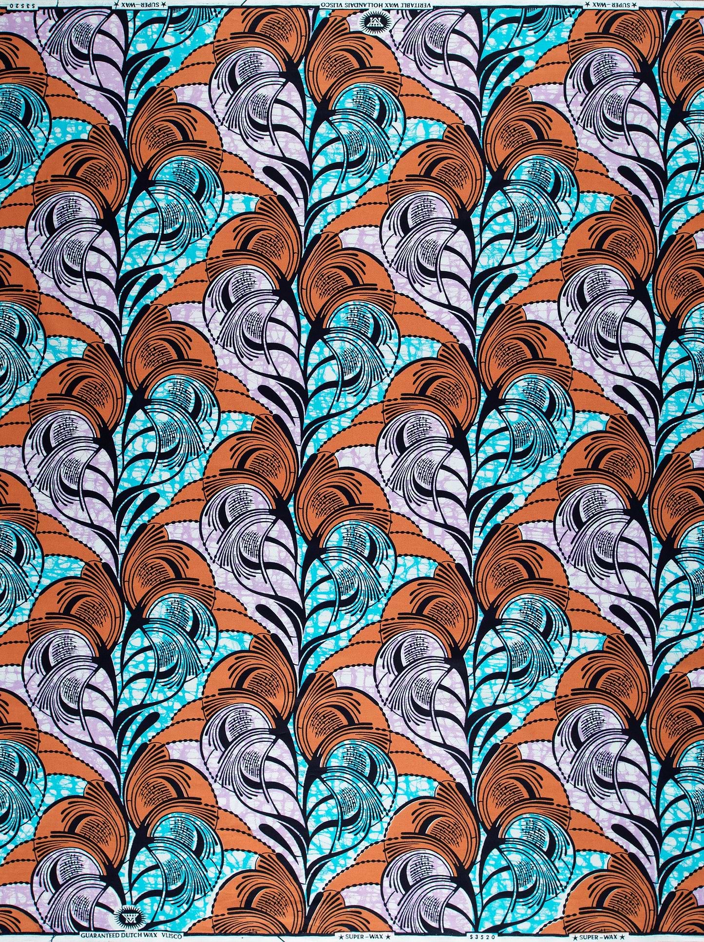 Vibrant orange teal feather-patterned african super-wax vls3520.005