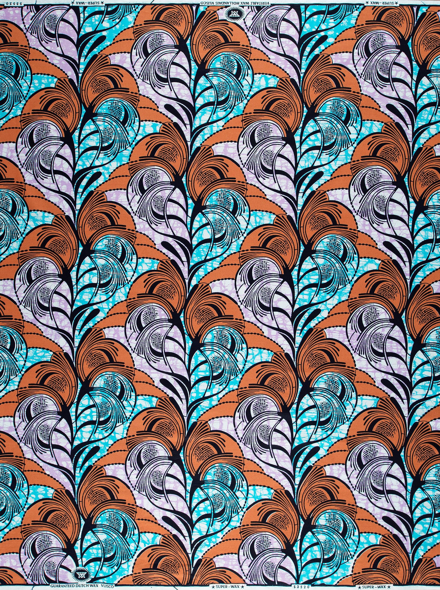 Vibrant orange teal feather-patterned african super-wax vls3520.005