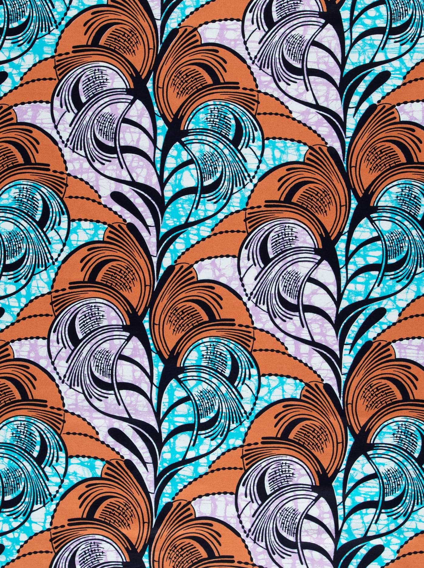 Vibrant orange teal feather-patterned african super-wax vls3520.005