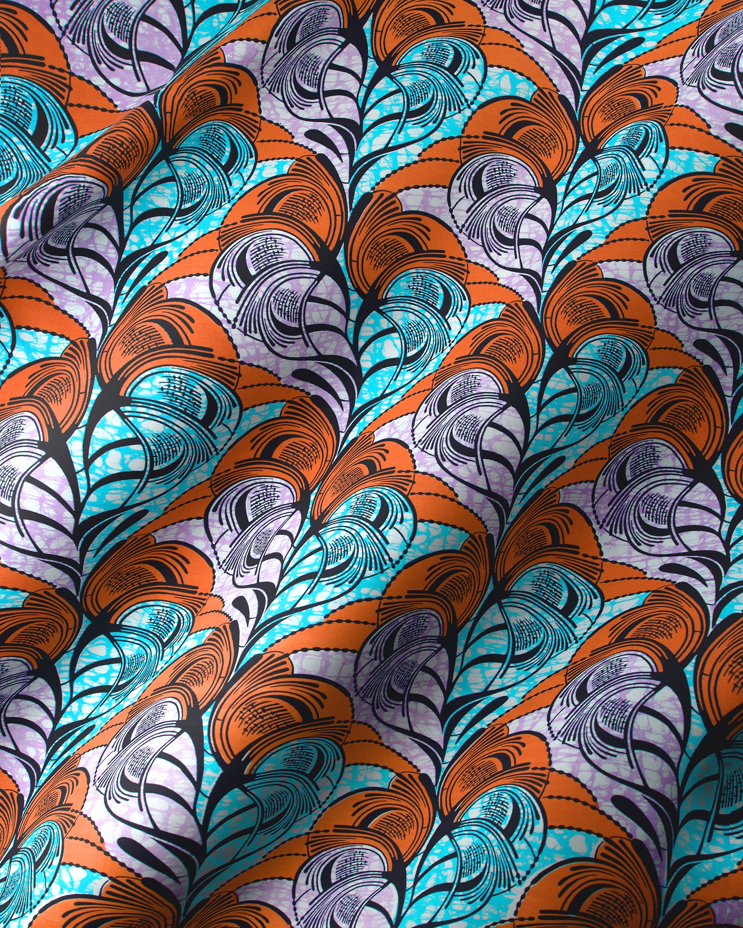 Vibrant orange teal purple feather-patterned super-wax vls3520.005