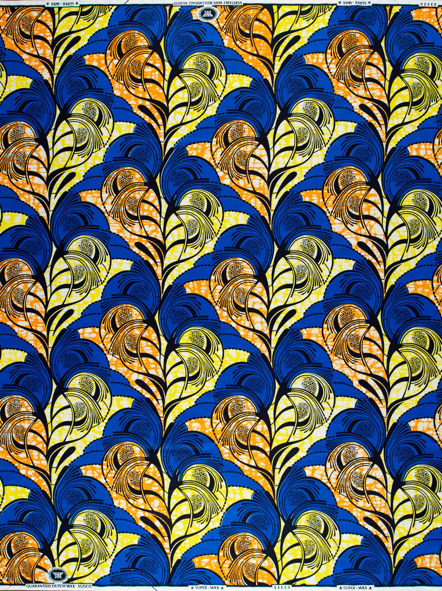 Vibrant blue yellow gold feather-patterned super-wax vls3520.007