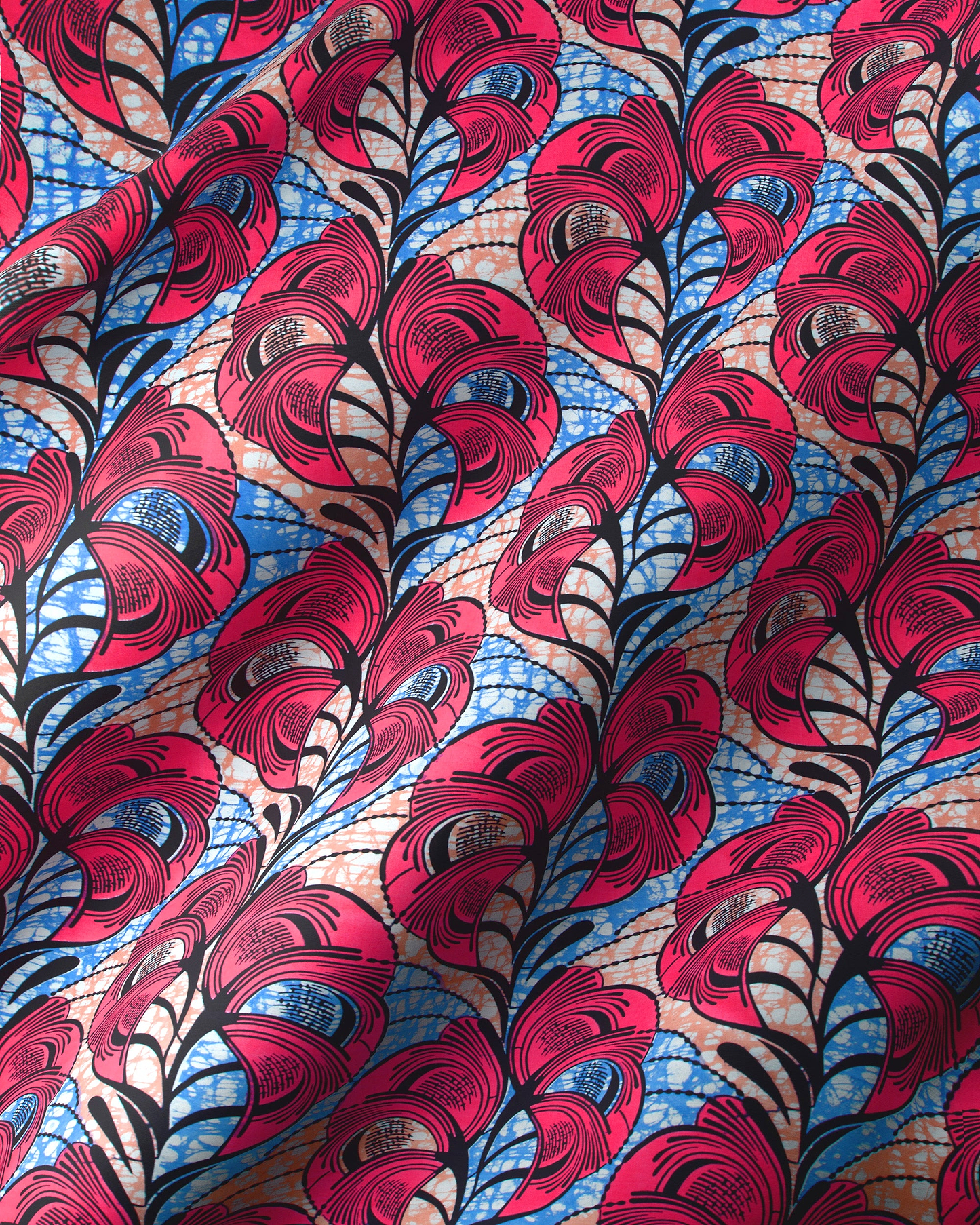 Vibrant red blue feather-patterned african super-wax vls3520.009