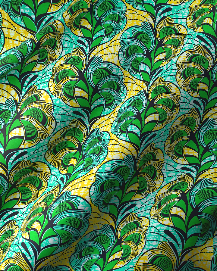 Vibrant green yellow feather-patterned fabric super-wax vls3520.013