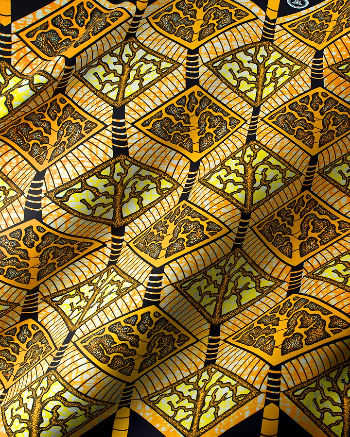 Vibrant yellow black patterned fabric super-wax vls4398.010