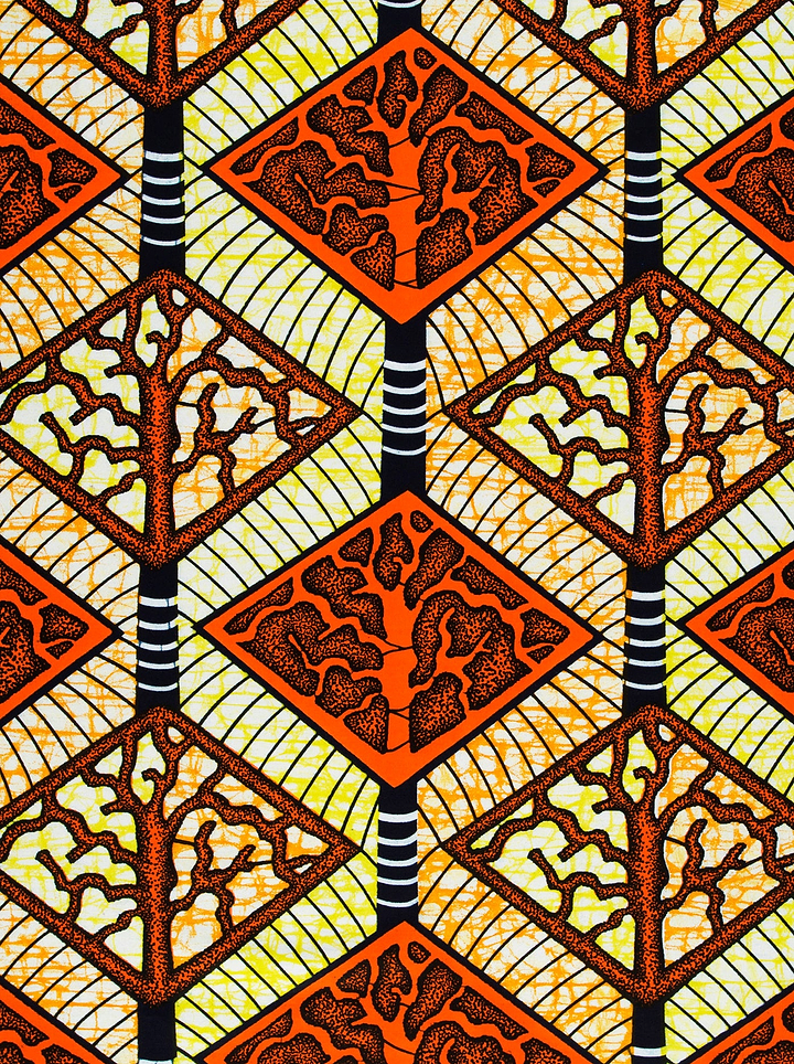Vibrant orange brown tree-patterned fabric super-wax vls4398.012