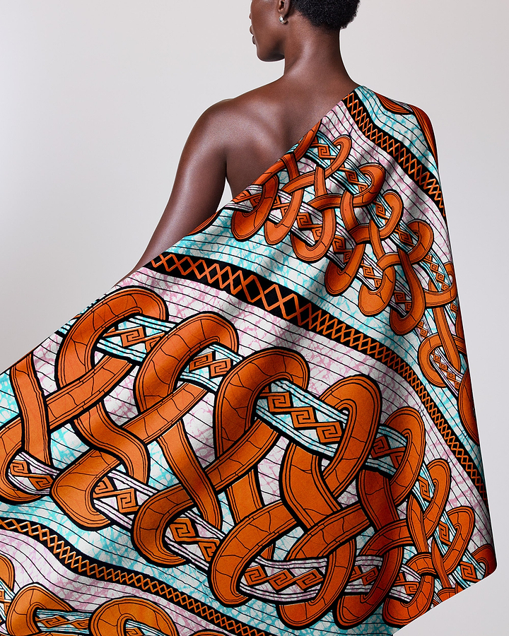 Vibrant orange teal patterned fabric super-wax vls4959.004