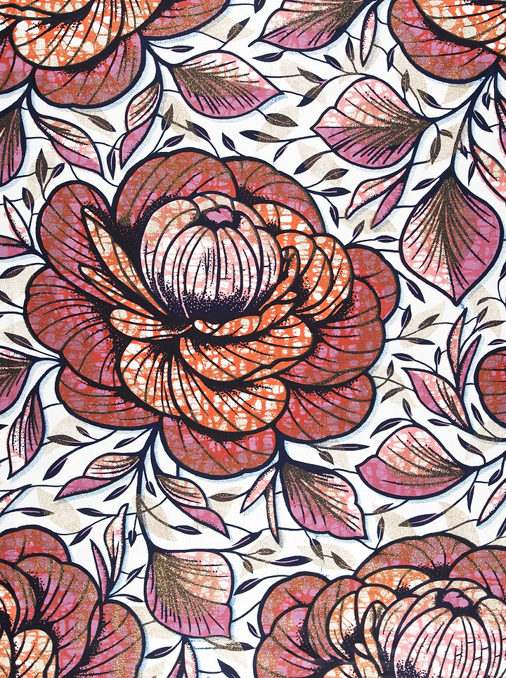 A close-up of a floral patterned fabric featuring large peony-like flowers in terracotta, dusty rose, and orange tones with black outlines on a white background.