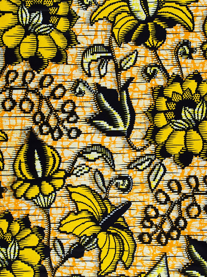 Vibrant yellow black floral-patterned fabric super-wax vls6412.007