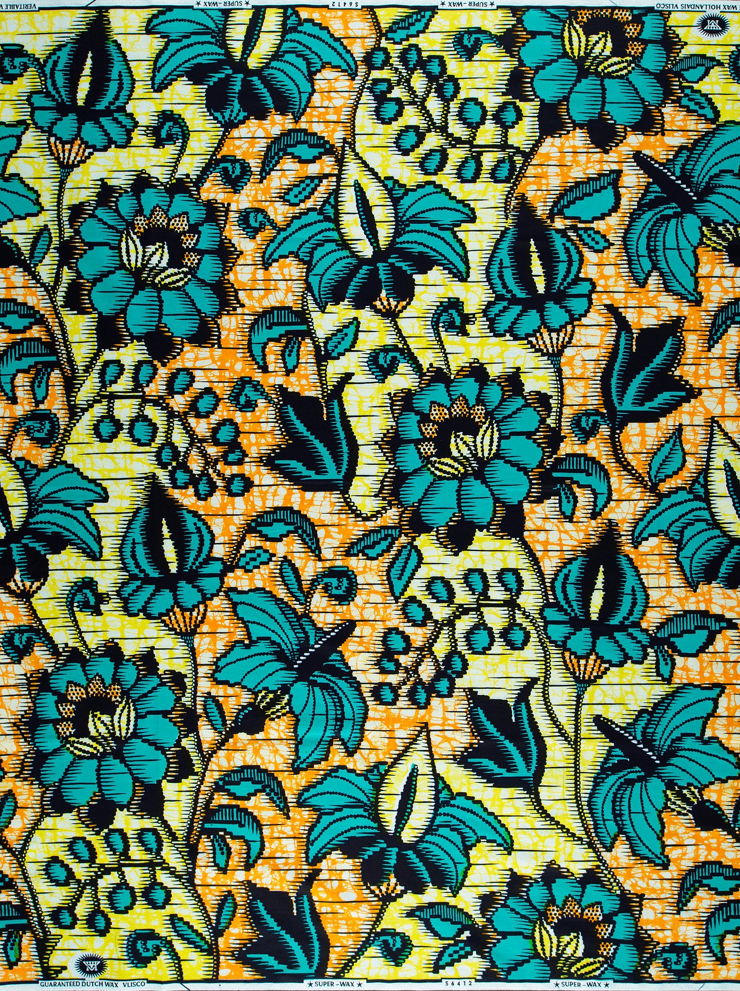Vibrant turquoise black floral-patterned african super-wax vls6412.010