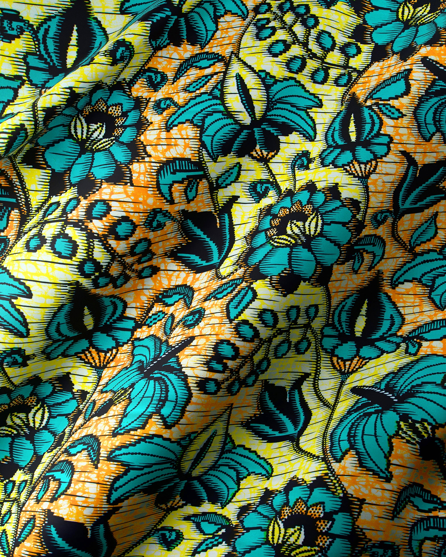 Vibrant yellow teal floral-patterned fabric super-wax vls6412.010