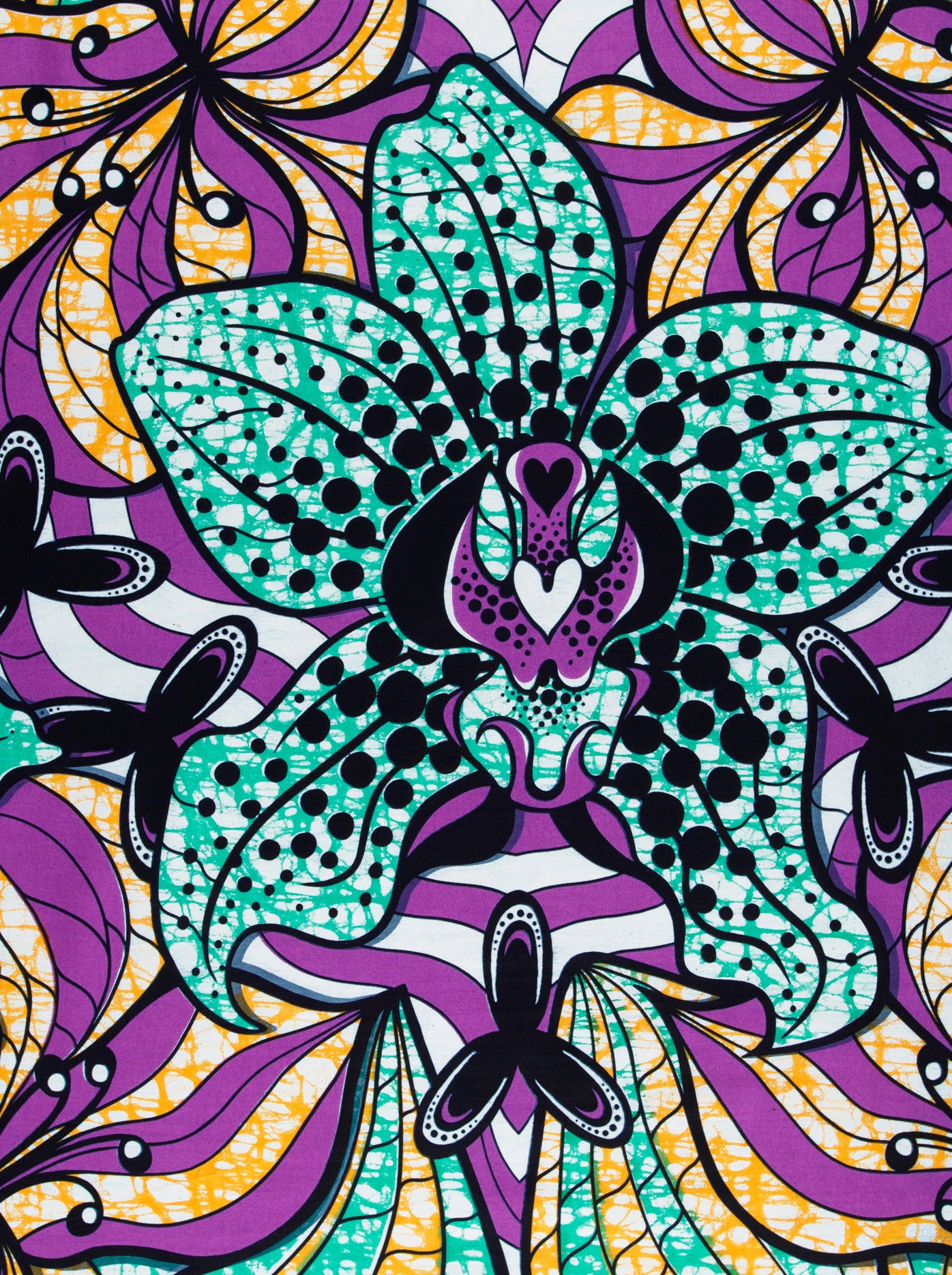 Vibrant teal purple orchid-patterned fabric super-wax vls6516.001