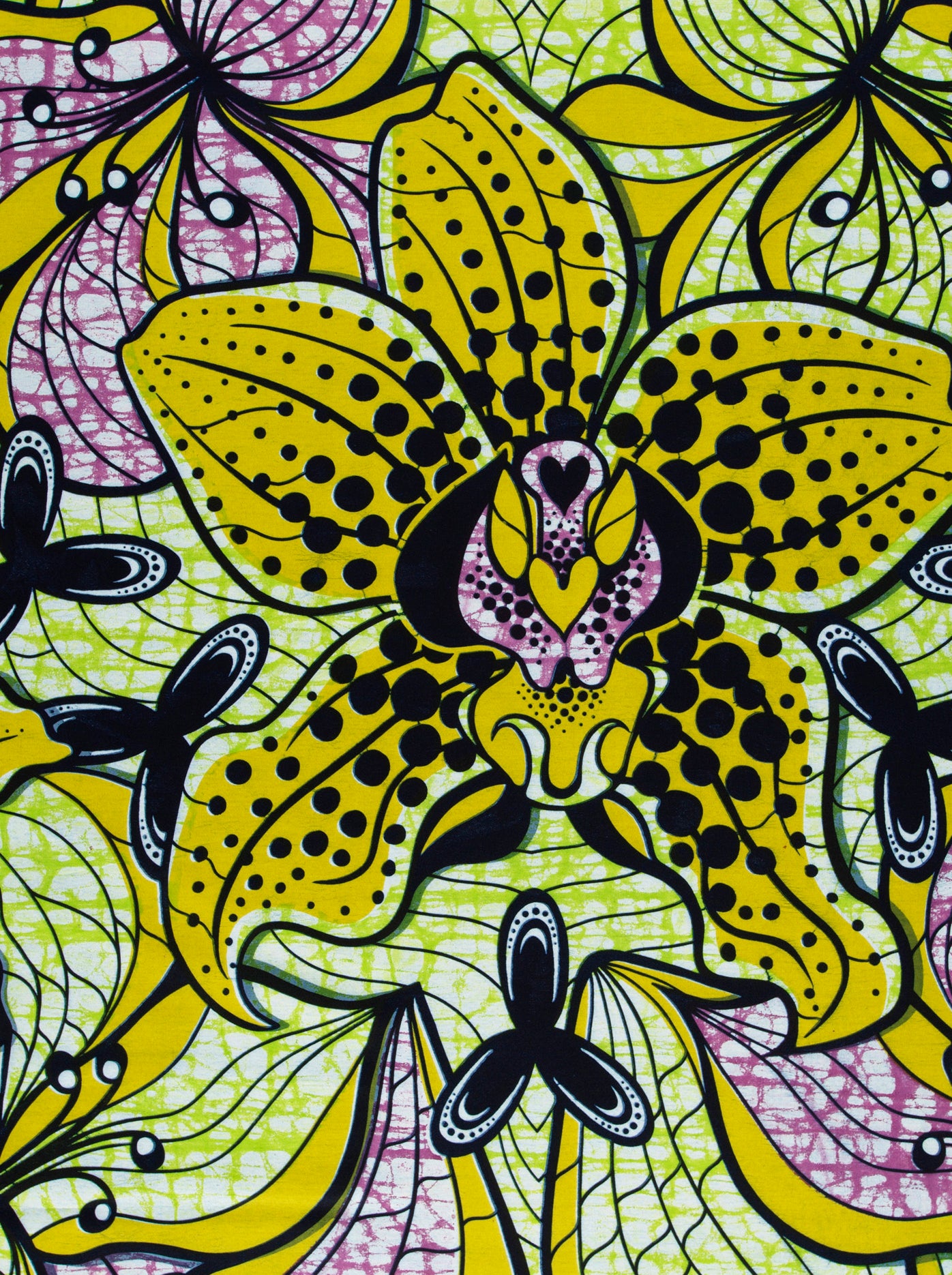 Vibrant yellow orchid-patterned fabric bold super-wax vls6516.005