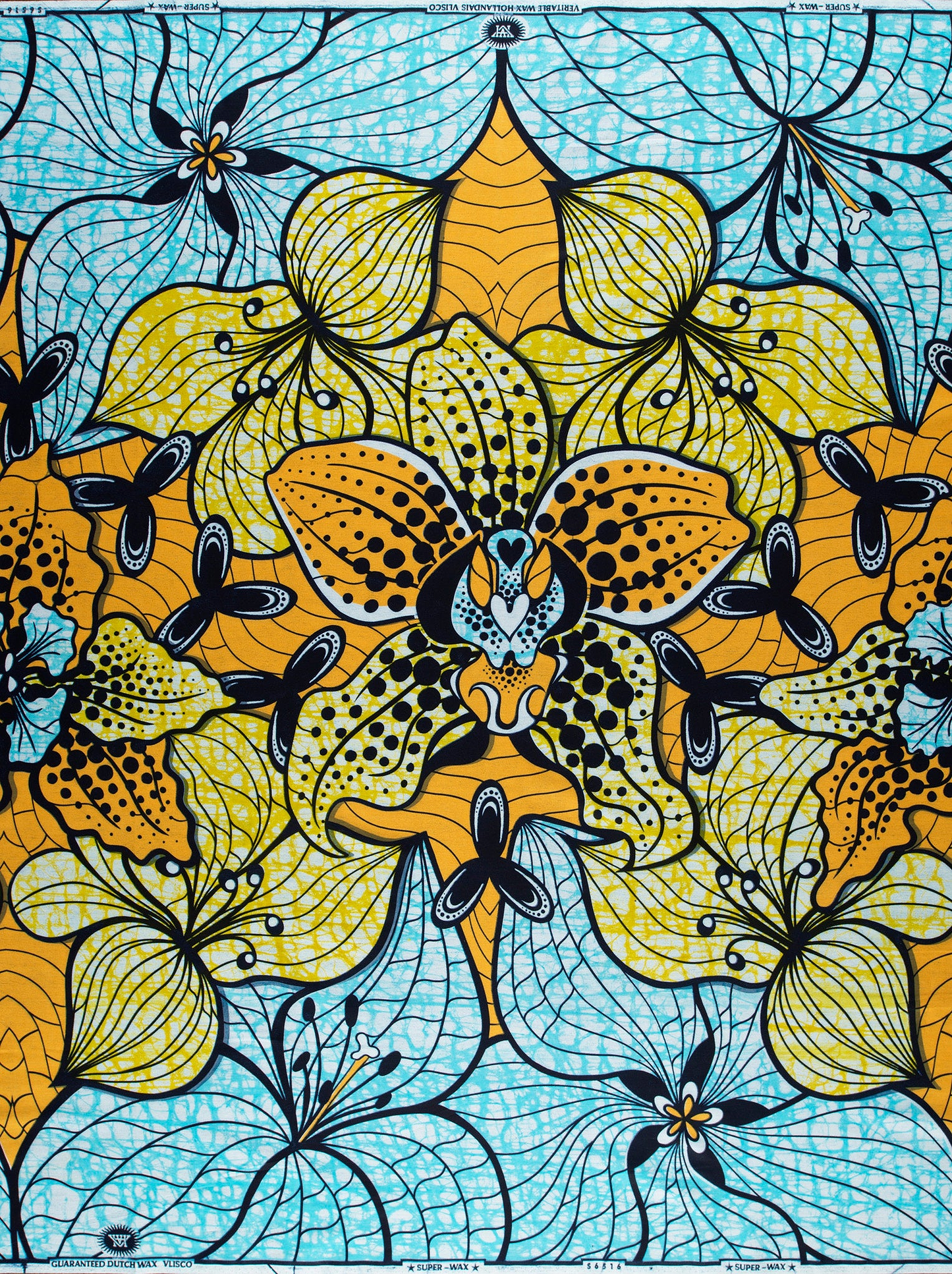 Vibrant yellow orange orchid-patterned african super-wax vls6516.009