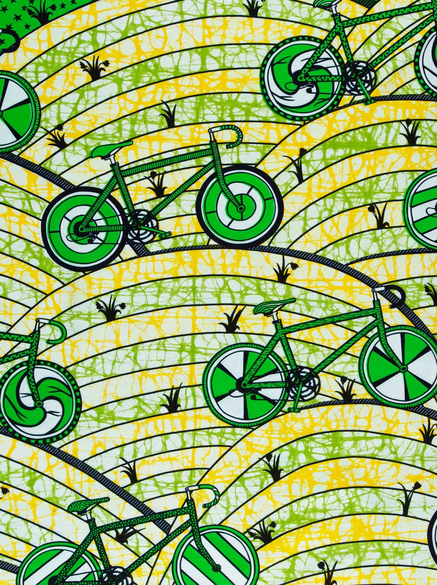 Green bicycle patterned fabric yellow super-wax vls6ua6.025