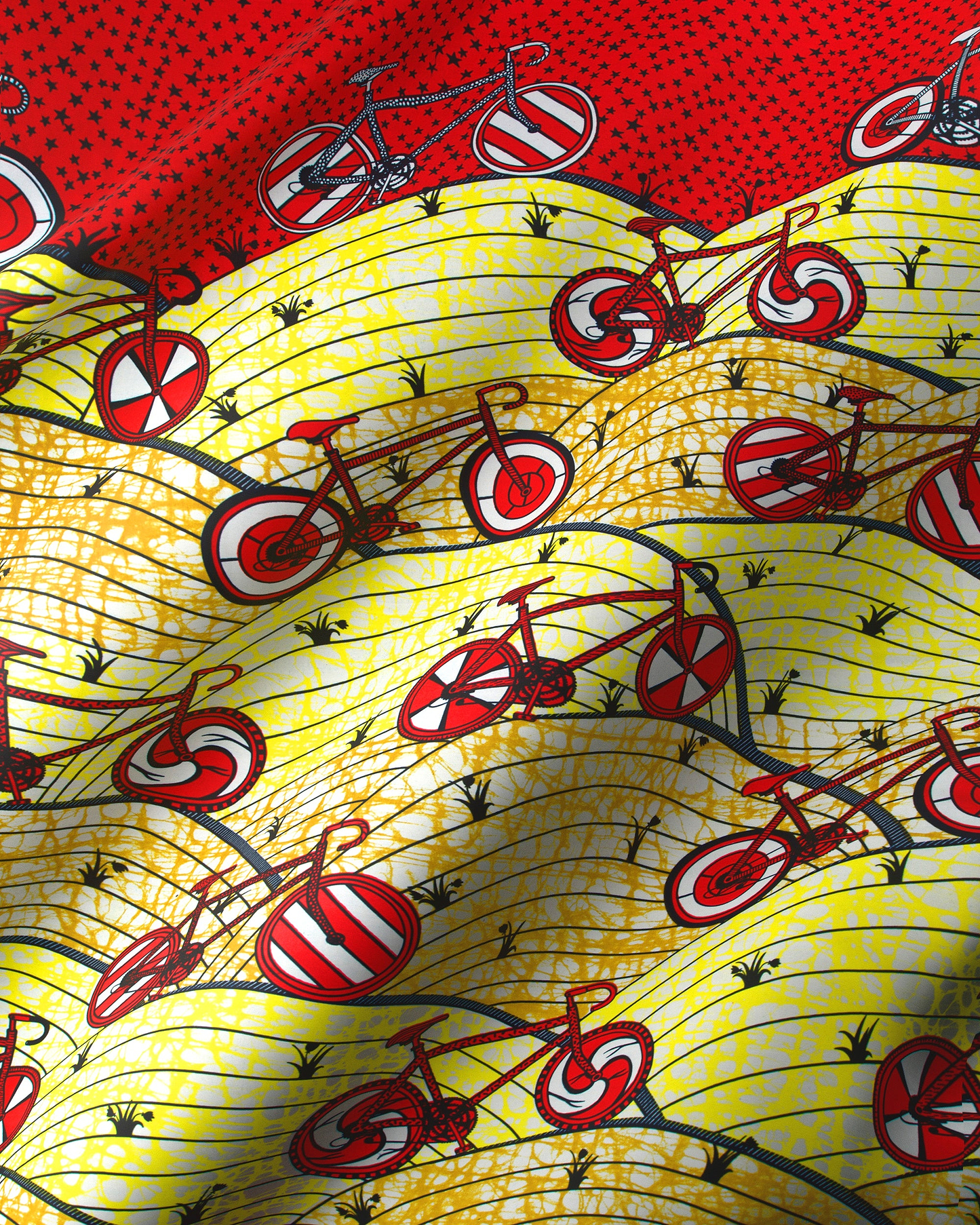 Vibrant yellow red bicycle-patterned fabric super-wax vls6ua6.027