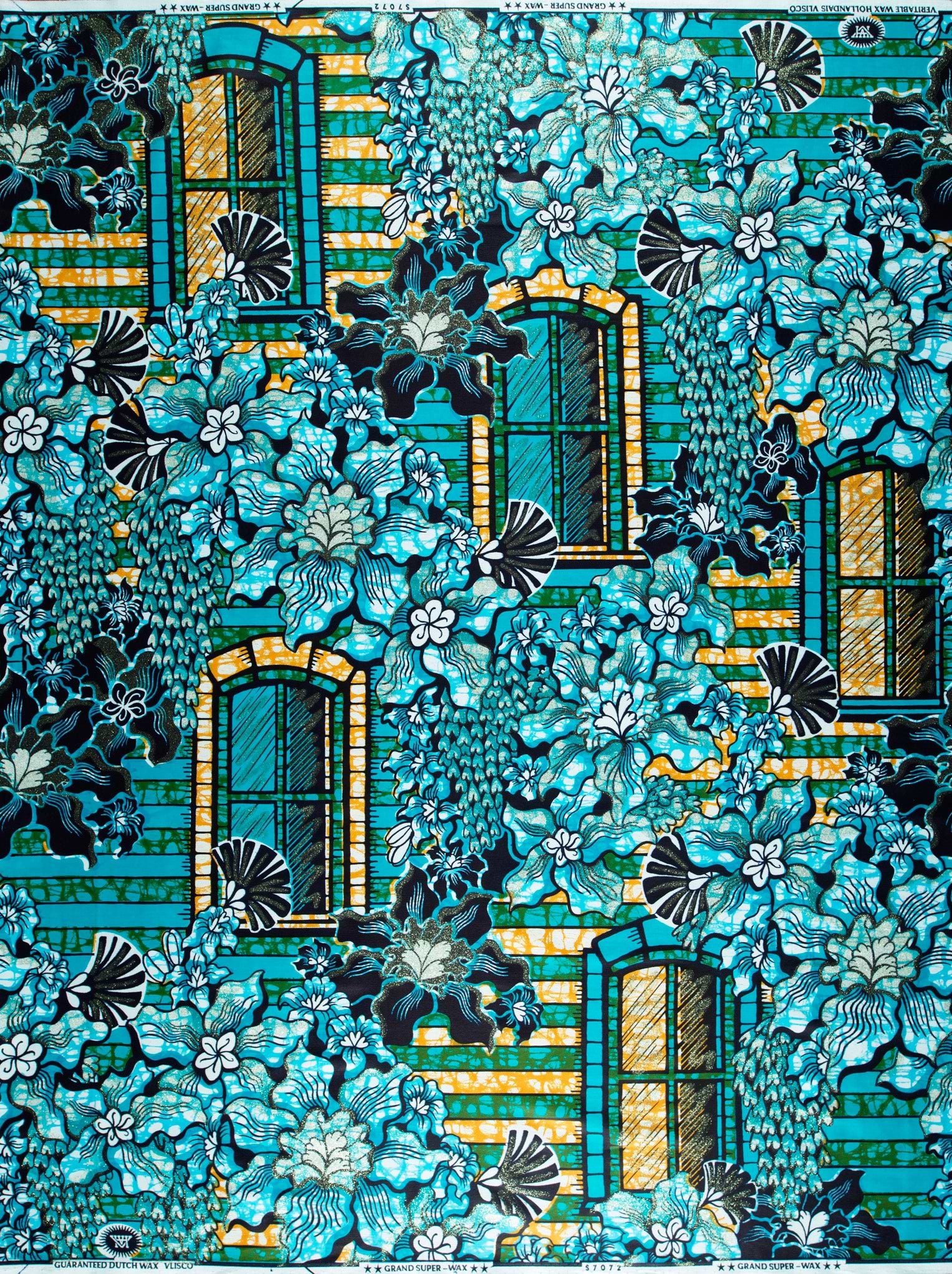 Vibrant turquoise black floral-patterned fabric grand super-wax vls7072.006