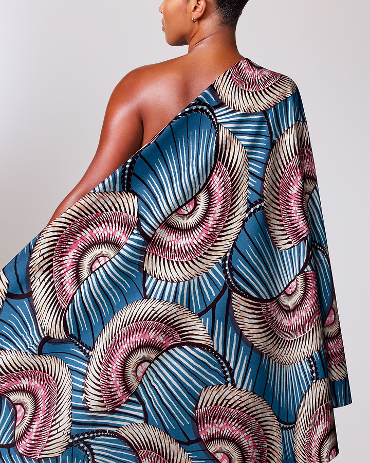 Vibrant blue one-shoulder wrap dress super-wax vls7254.003