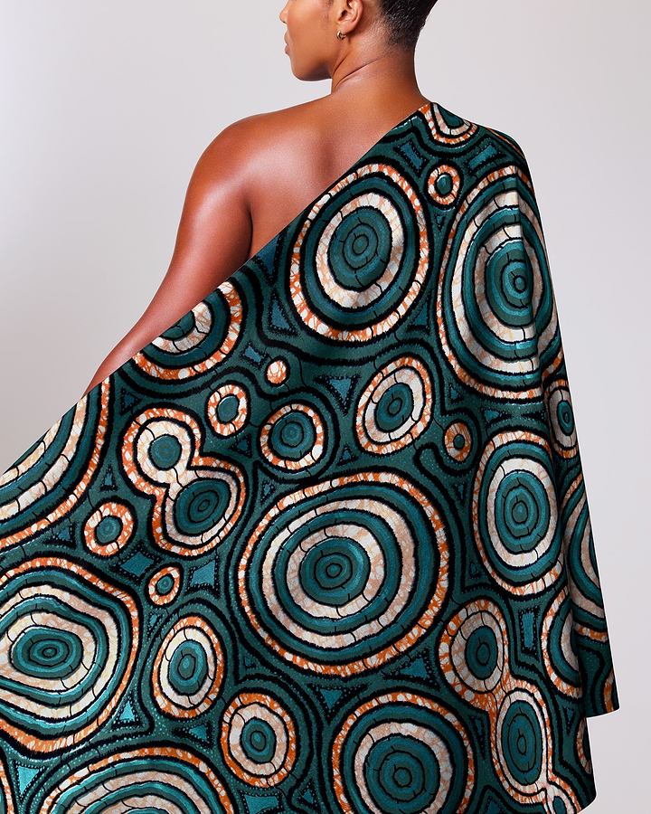 Vibrant teal cream circular-patterned one-shoulder super-wax vls7336.001