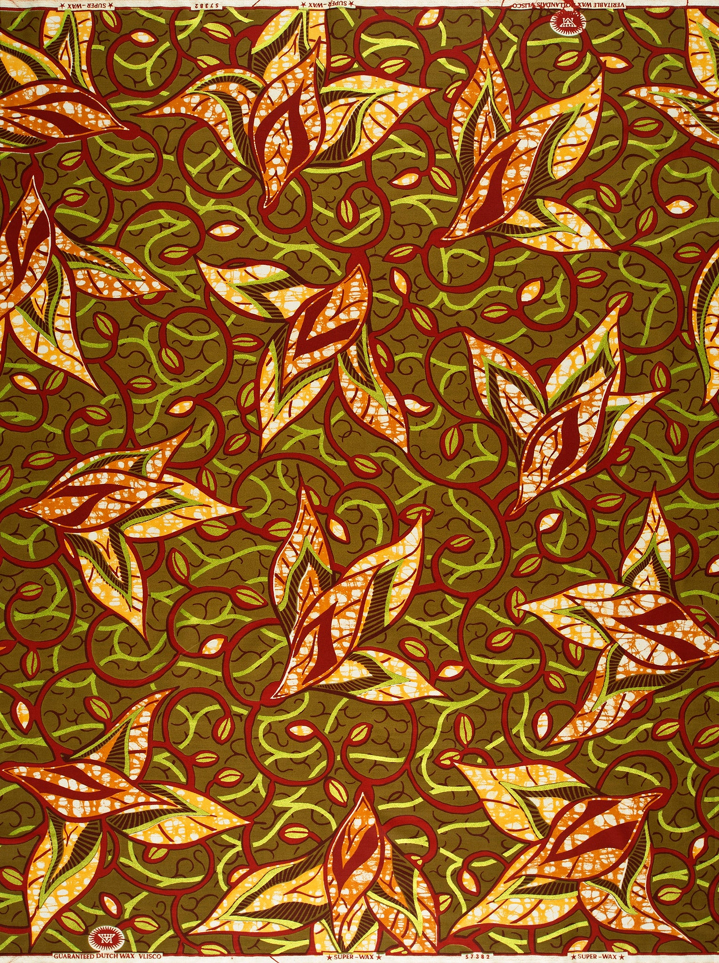 Vibrant orange green leaf-patterned african super-wax vls7382.010