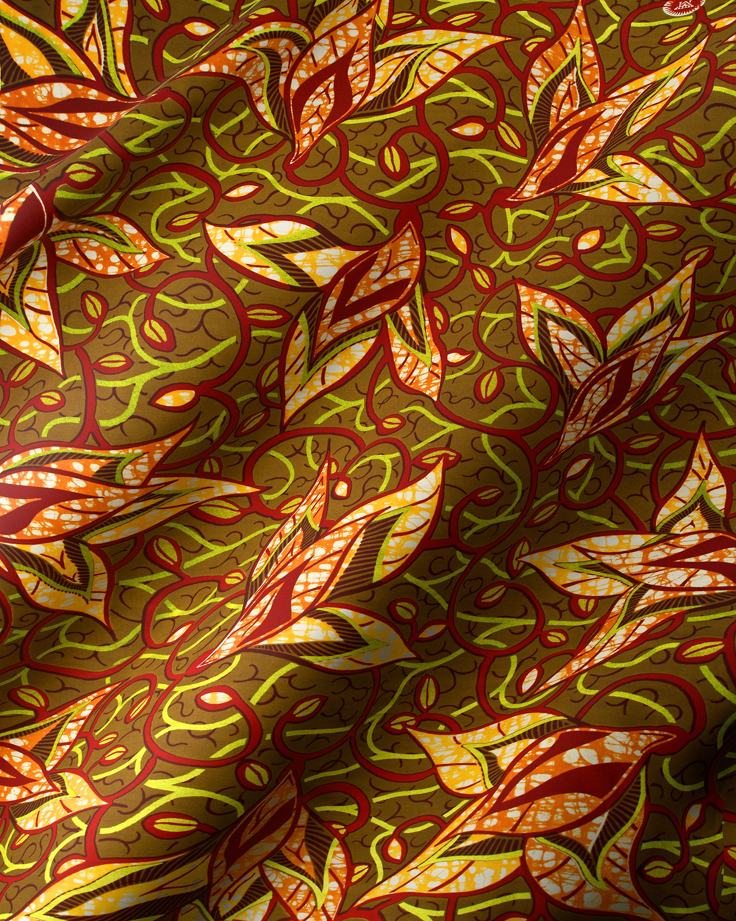 Vibrant autumn-themed fabric stylized leaves super-wax vls7382.010