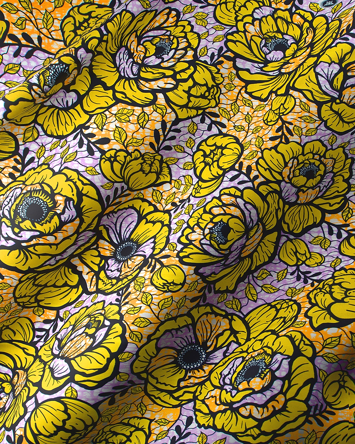 Vibrant yellow purple floral fabric super-wax vls7783.012