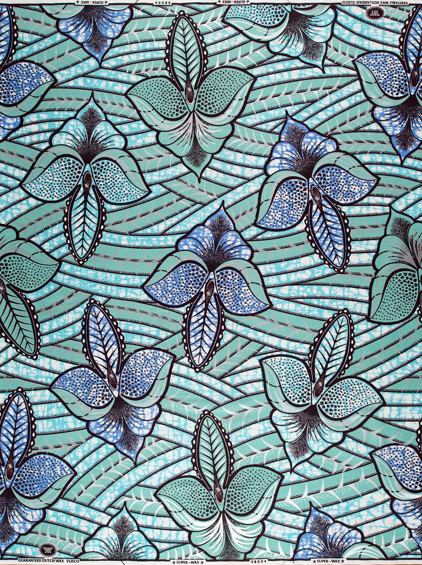 Teal blue butterfly-patterned african wax super-wax vls8004.012