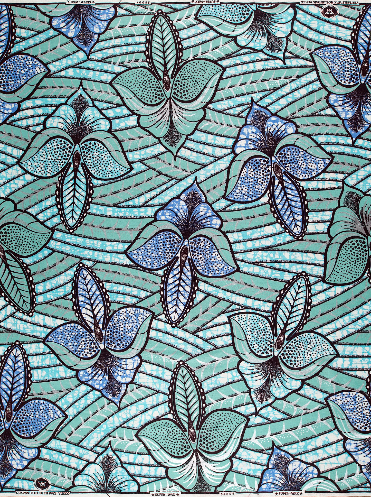 Teal blue butterfly-patterned african wax super-wax vls8004.012