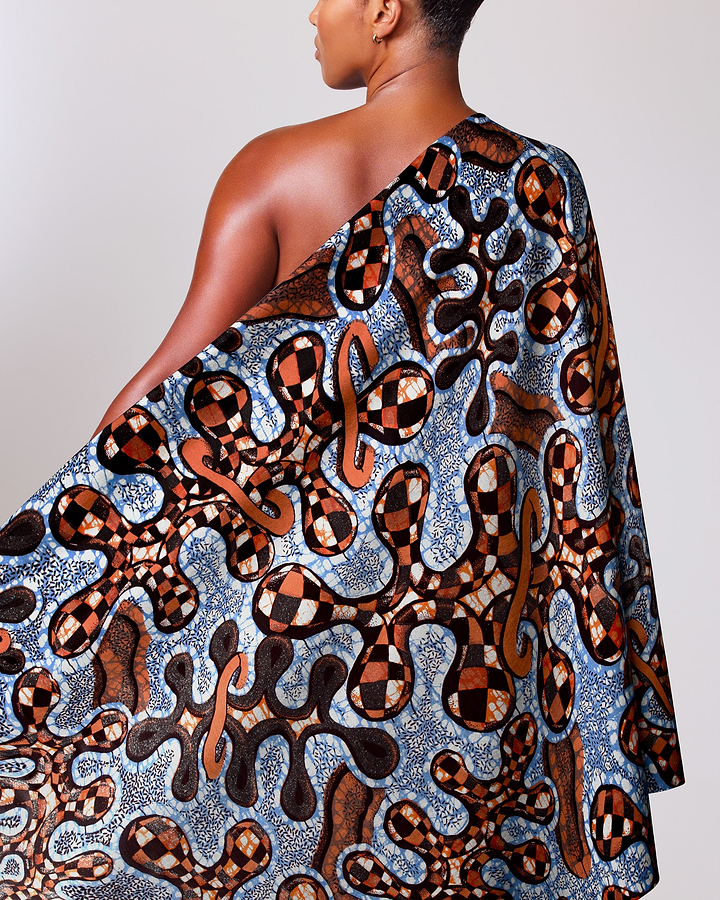 One-shoulder garment vibrant blue brown grand super-wax vls8132.003