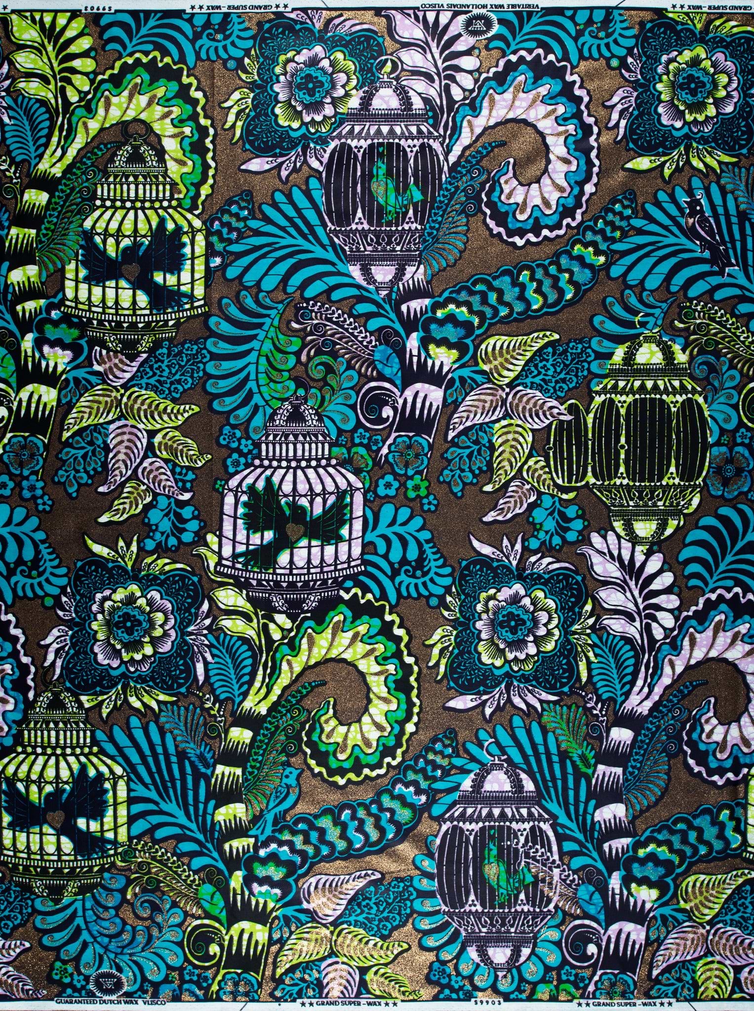 Vibrant turquoise lime green birdcage-patterned grand super-wax vls9903.012