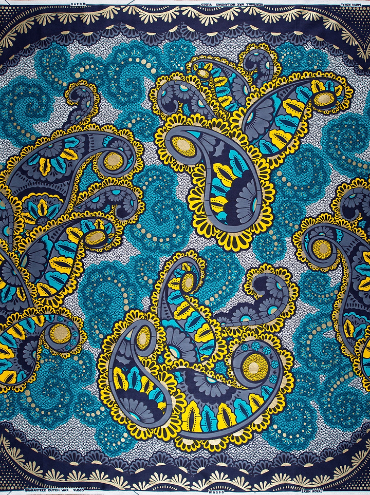 Vibrant turquoise gold paisley-patterned fabric satin royal vlw0390.004