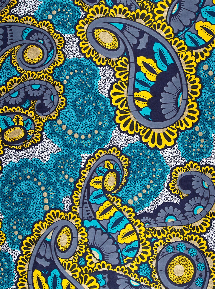 Vibrant turquoise yellow paisley-patterned fabric satin royal vlw0390.004