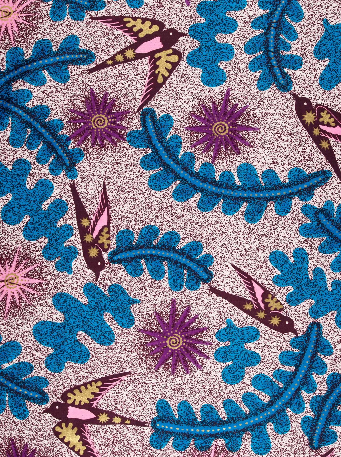Vibrant patterned fabric stylized birds satin royal vlw1252.001