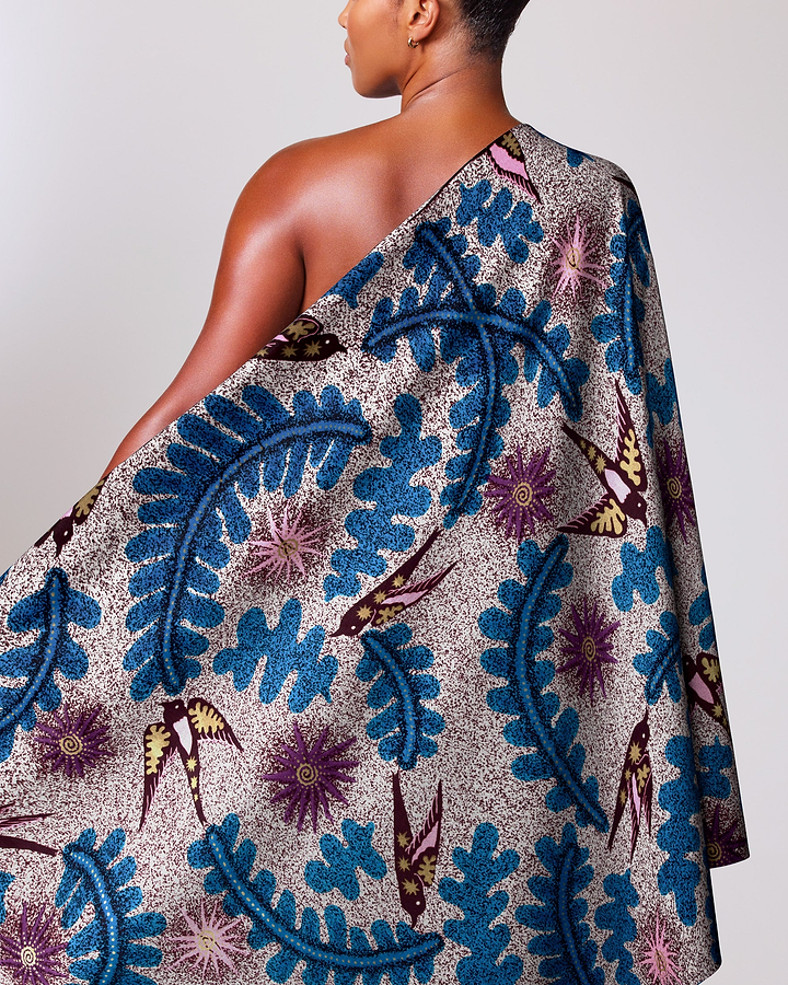 One-shoulder wrap dress vibrant african satin royal vlw1252.001