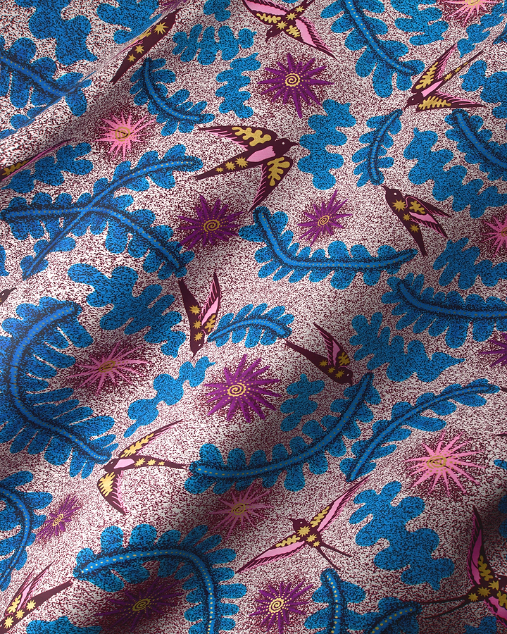 Vibrant blue pink swallow-patterned fabric satin royal vlw1252.001