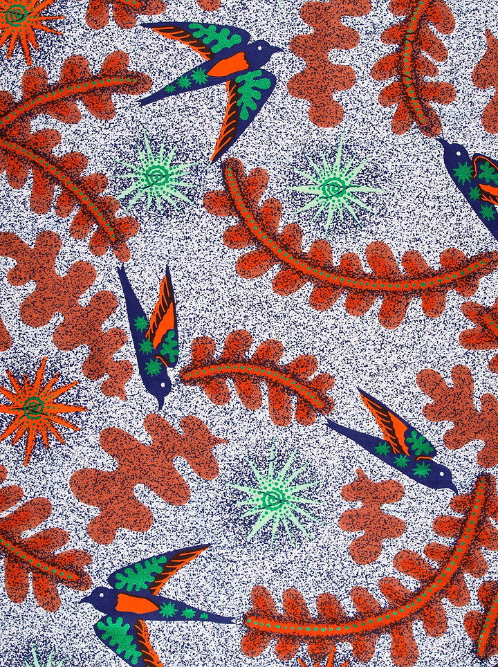 Vibrant bird leaf patterned fabric satin royal vlw1252.003