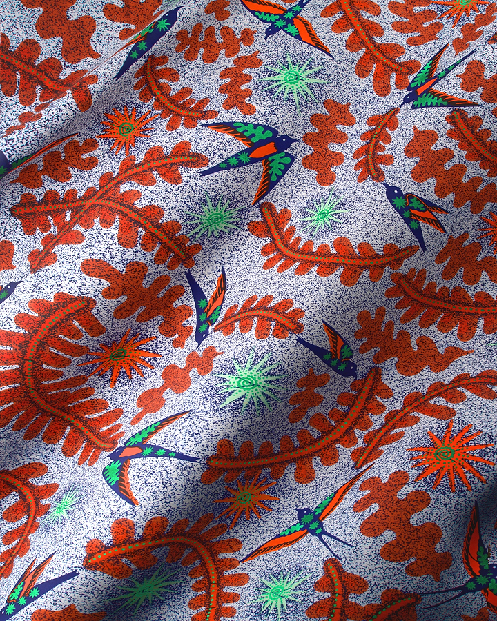 Vibrant orange green swallow-patterned fabric satin royal vlw1252.003