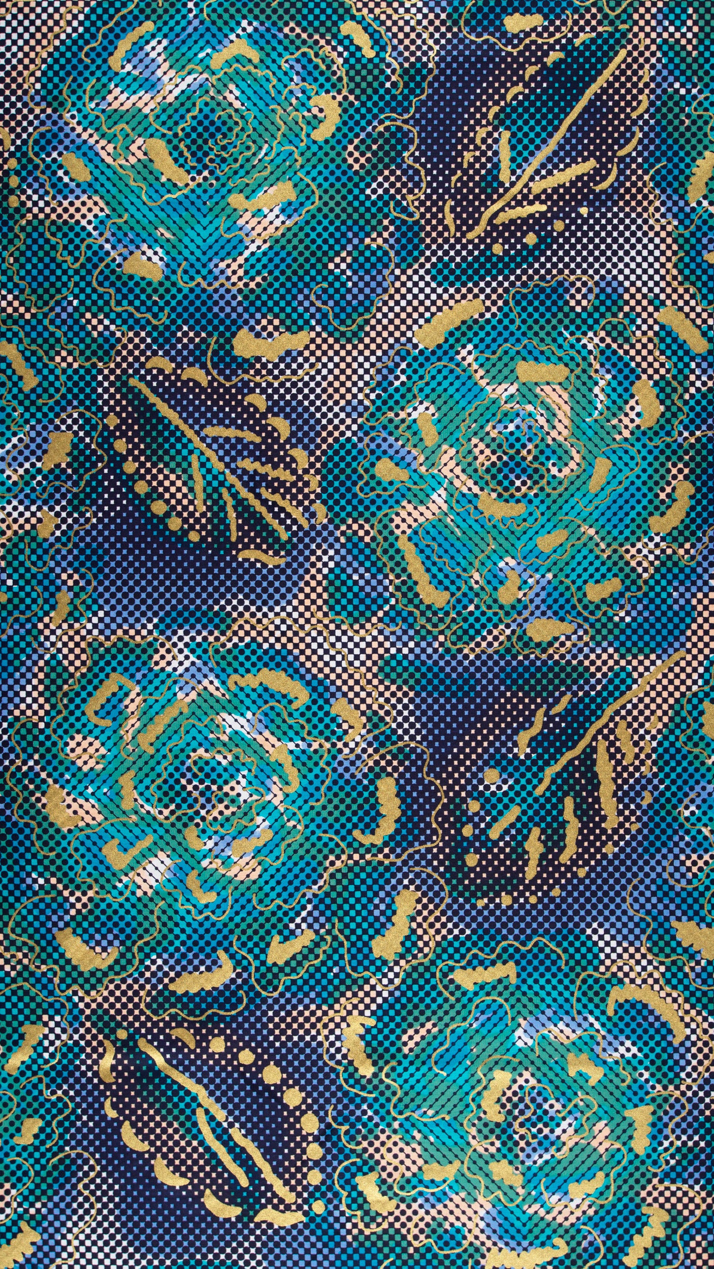 Blue teal floral-patterned fabric gold satin royal vlw1787.002