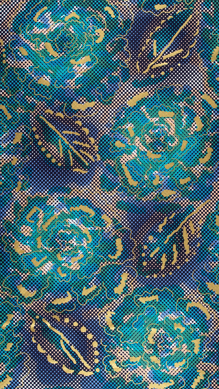 Blue teal floral-patterned fabric gold satin royal vlw1787.002