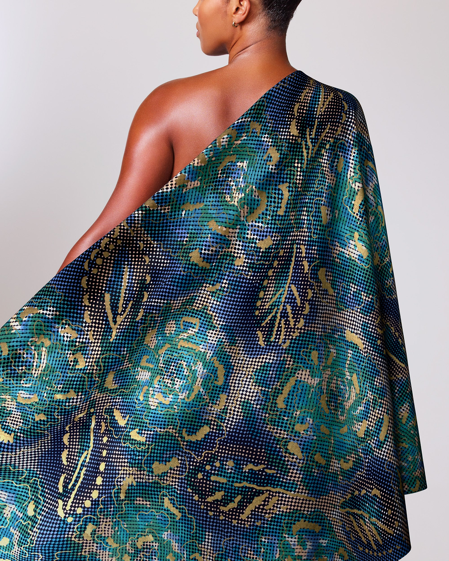 One-shoulder cape deep teal gold satin royal vlw1787.002