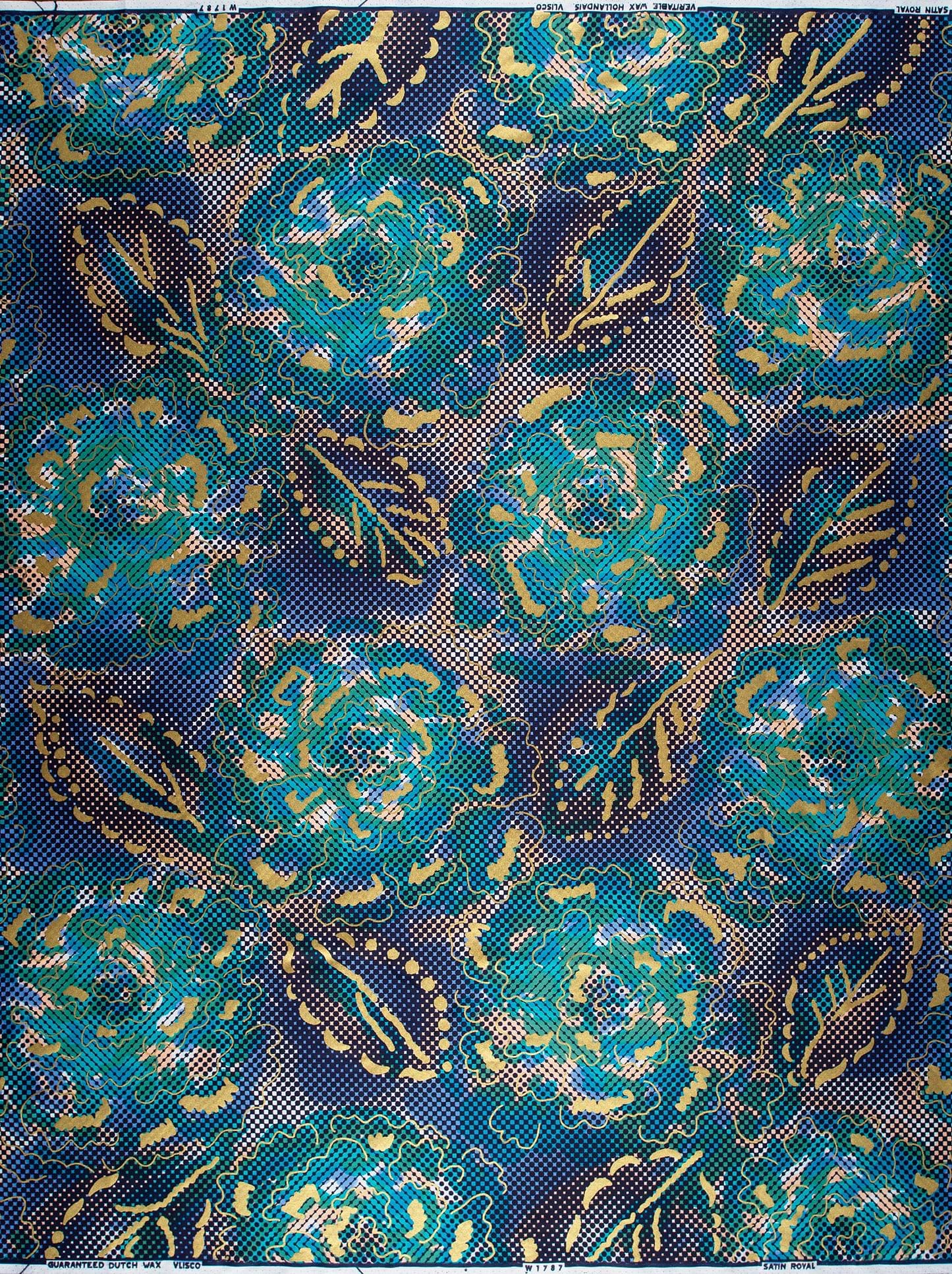 Vibrant teal gold floral-patterned fabric satin royal vlw1787.002