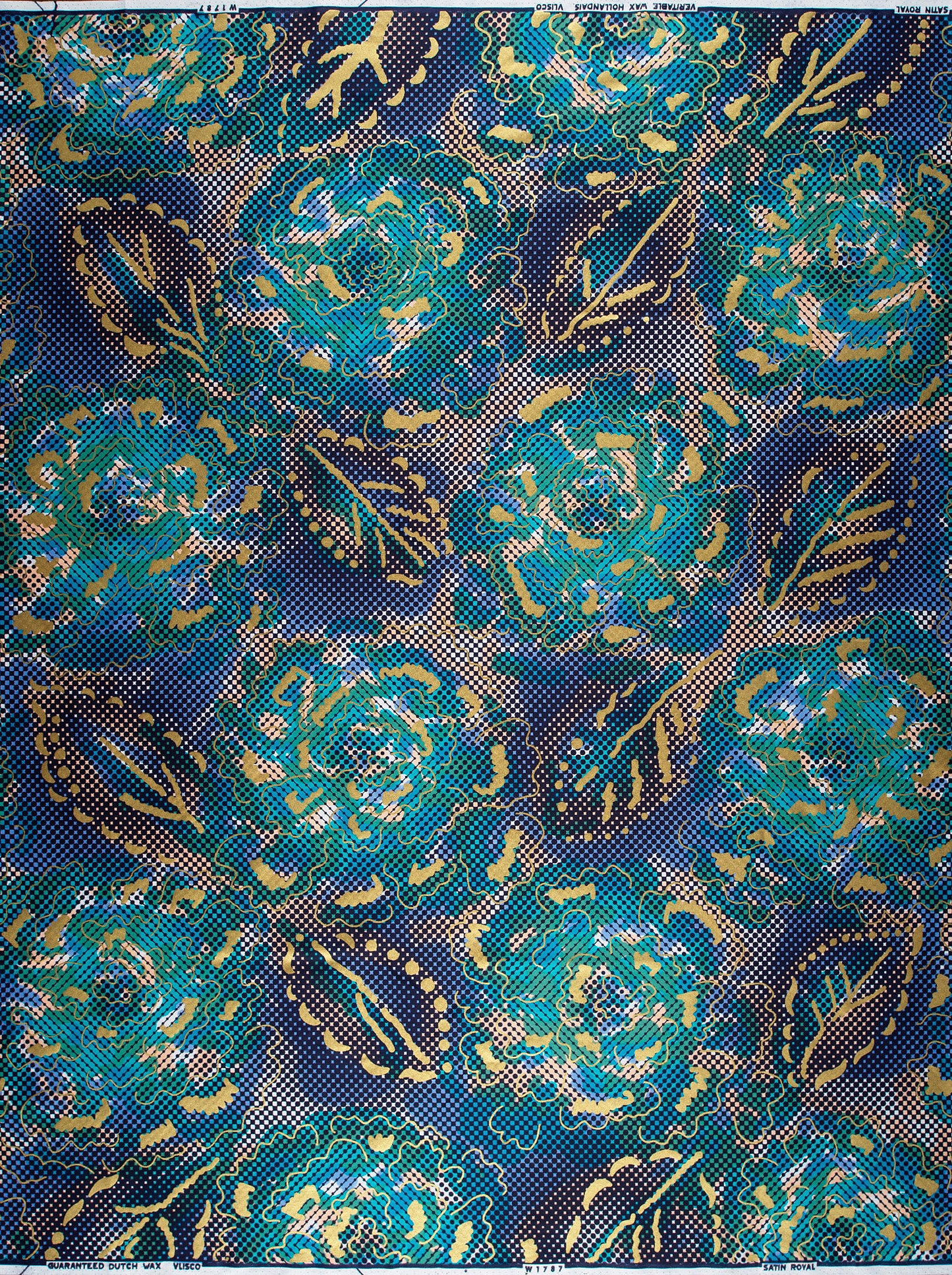Vibrant teal gold floral-patterned fabric satin royal vlw1787.002