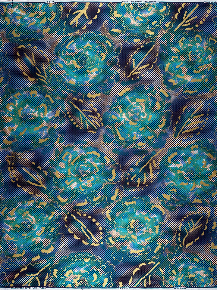 Vibrant teal gold floral-patterned fabric satin royal vlw1787.002