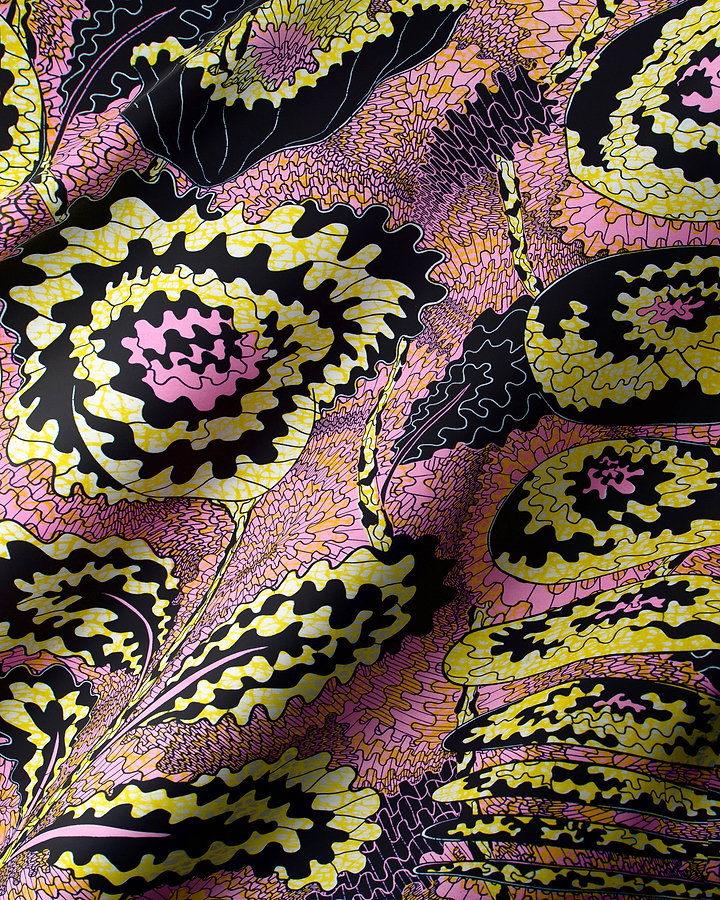 Vibrant pink yellow black floral-patterned wax hollandais vlw1827.001